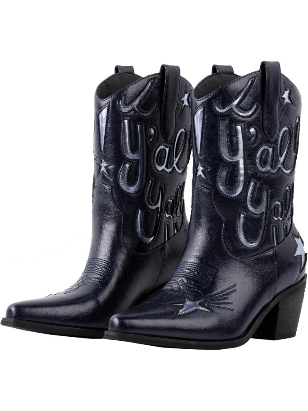 Women's Navy Blue Low Block Heel Embroidery Sparkly Short Ankle Cowgirl Boot